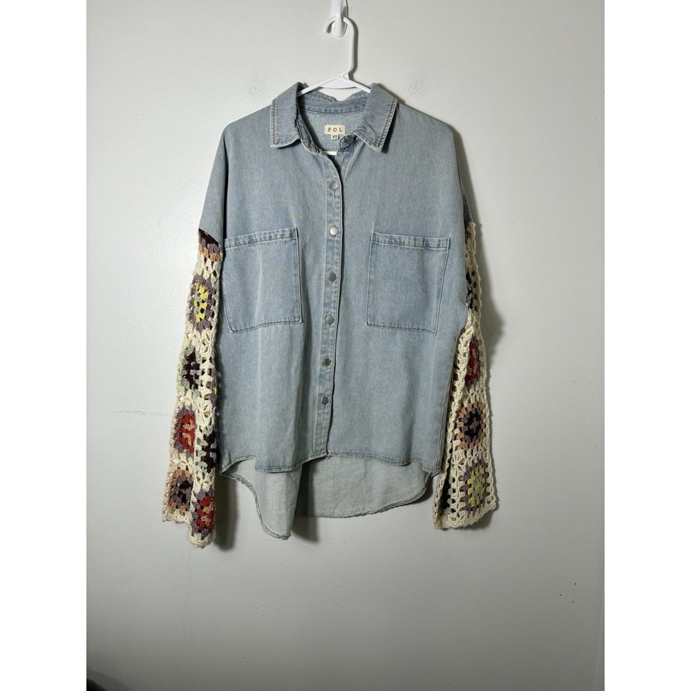 POL Denim Button Up Shirt With Granny Square Crochet Arms Oversized Xs Boho